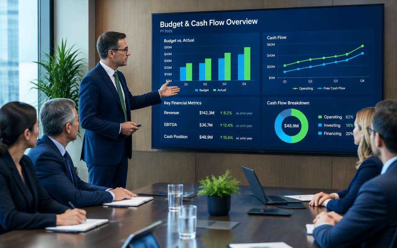 CFO presenting a budget and cash flow dashboard to a management team