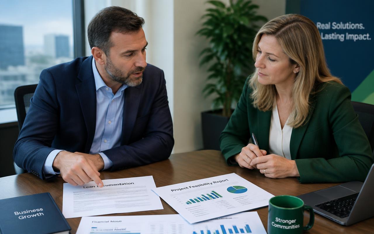 Business owner and banker reviewing loan documentation and a feasibility report