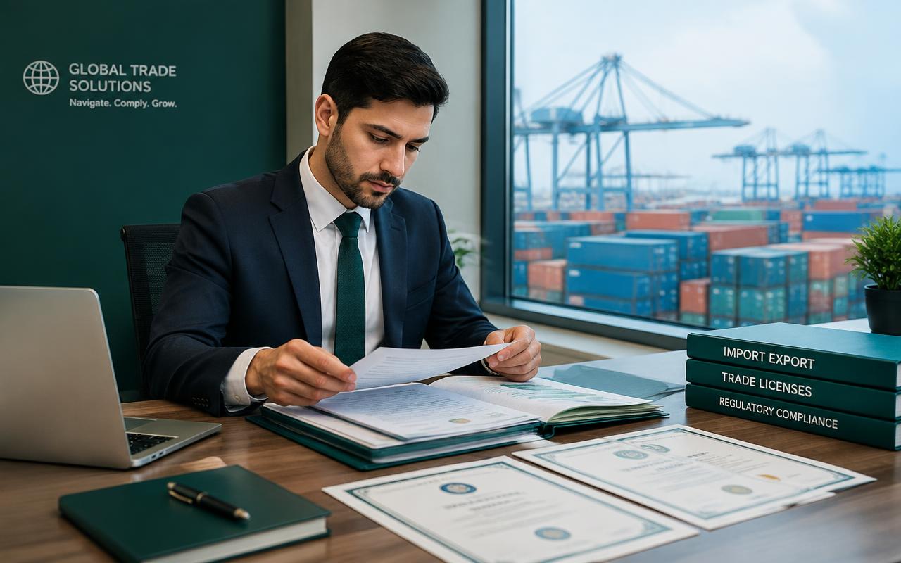 Consultant organising import, export and trade licence certificates with a port view