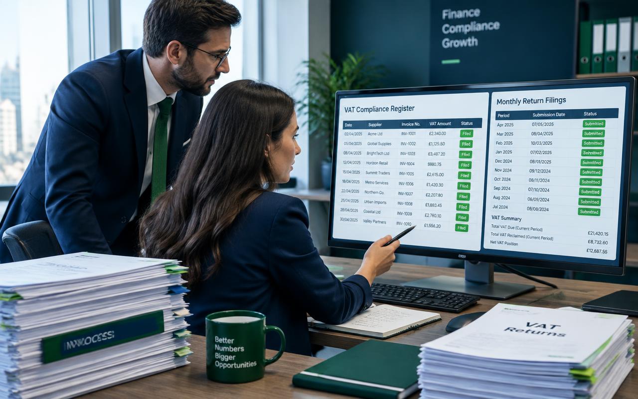 Finance team reviewing a VAT compliance register and monthly return filings on screen