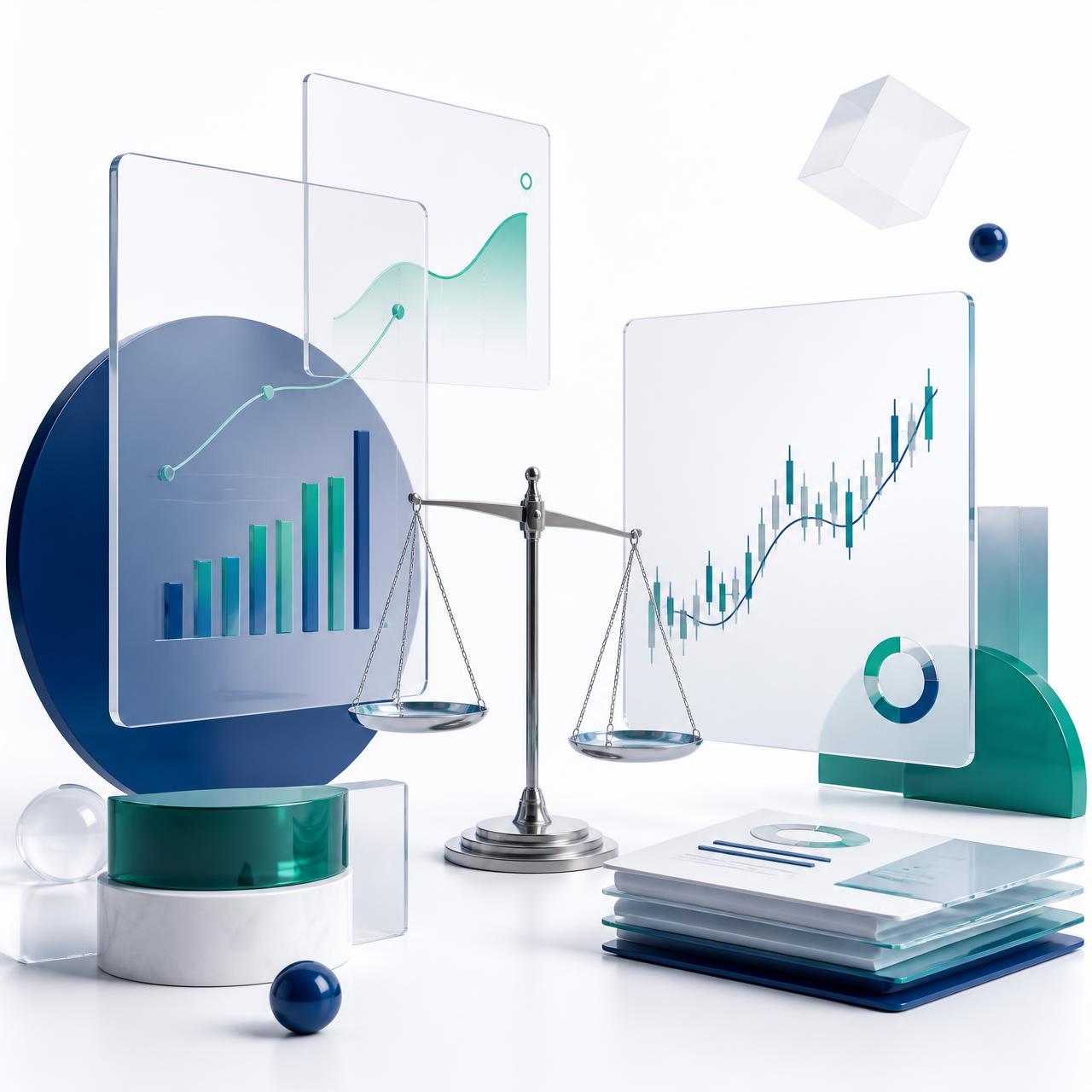 Abstract composition of financial charts, documents and a balance scale in navy and green
